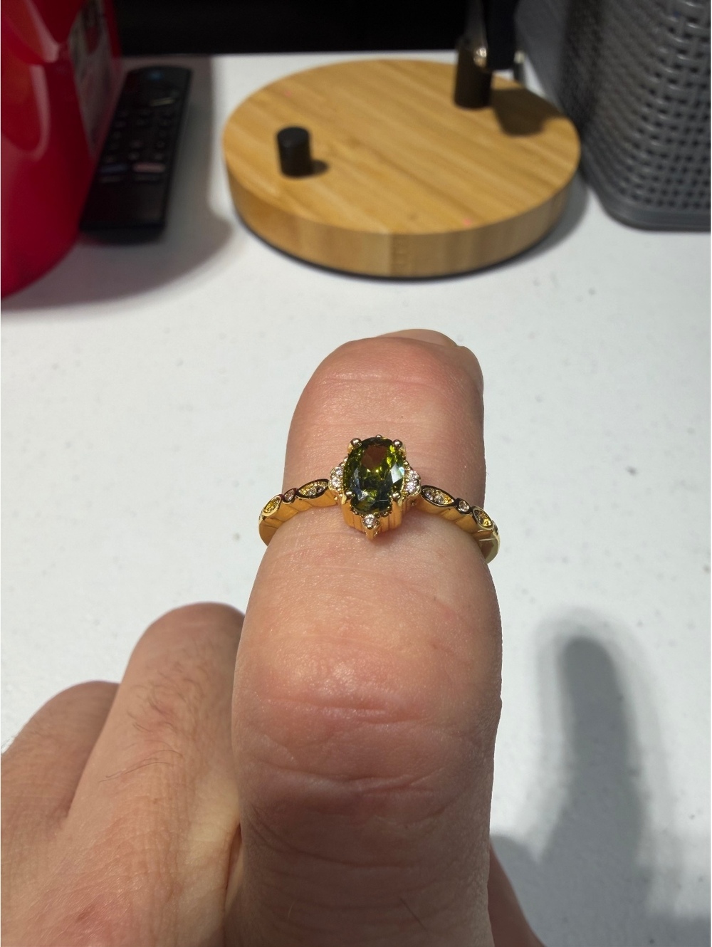 Gold Tone Ring with Green Oval Stone